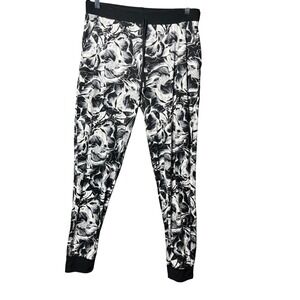 Black and‎ White Floral Print Joggers Drawstring Waist Pants Large